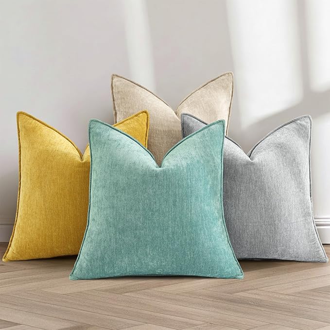 decorUhome Summer Couch Euro Sham Throw Pillow Covers 26x26 Set of 2, Decorative Soft Velvet Modern Cozy Chenille Pillow Cases with Elegant Design for Sofa Bed Living Room Home Decor, Mineral Yellow