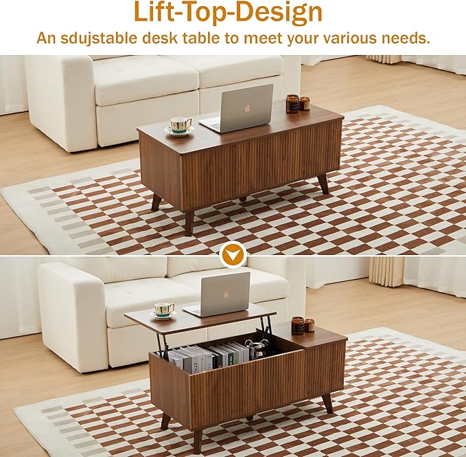 Mid Century Modern Lift Top Coffee Table with Storage for Living Room, Bedroom, Rectangle Low Fluted Coffee Table with Drawers, Contemporary Pop Up Cofee Table Convertible Rising (Walnut)