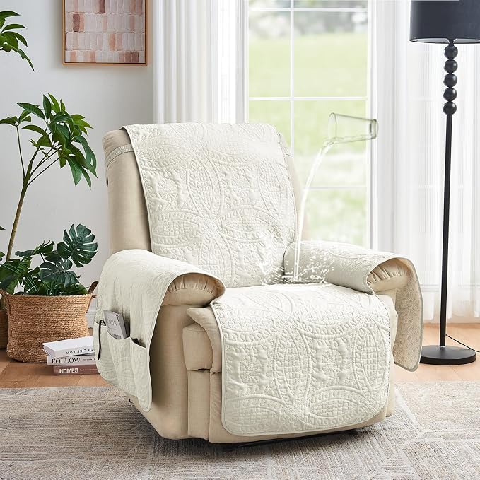 Quilted Recliner Chair Covers, Water-Repellent Slipcovers, Off White Recliner Covers Stay in Place, Pet Friendly ReclinerCover for Dogs, Washable Chair Covers (Recliner 22", Ivory White)