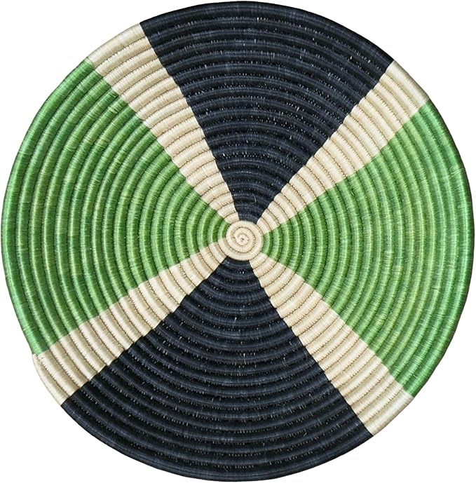 Handwoven African Sisal Basket Bowl Handmade Woven Fruit Bowl, Decorative Wall Basket for Home Décor, Living Room Centerpiece Gifts Zen Design Arts and Crafts (Light Green Black Cream, 12in diameter)