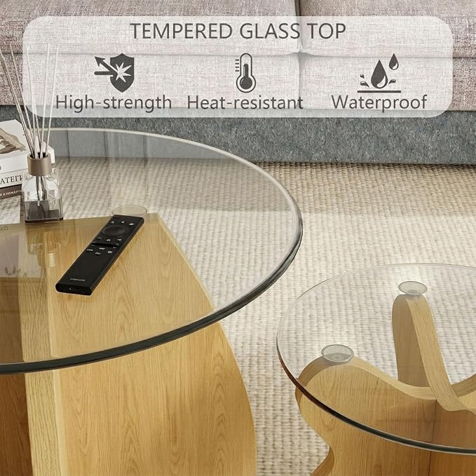 MDF Frame Side Table with Brown Tempered Glass Top, Mortise and Tenon Joint Design, No Screw Easy Assembly, Sturdy End Table for Living Room, Bedroom (Shell-Natural)
