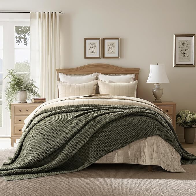 EVERGRACEHOME Chunky Chenille Knit Throw Blanket for Couch, Soft Luxurious Oversized Queen Moss Stitch Blanket for Bed, Cozy Farmhouse Knitted Throw for Sofa, Olive Green, 90" x 90"