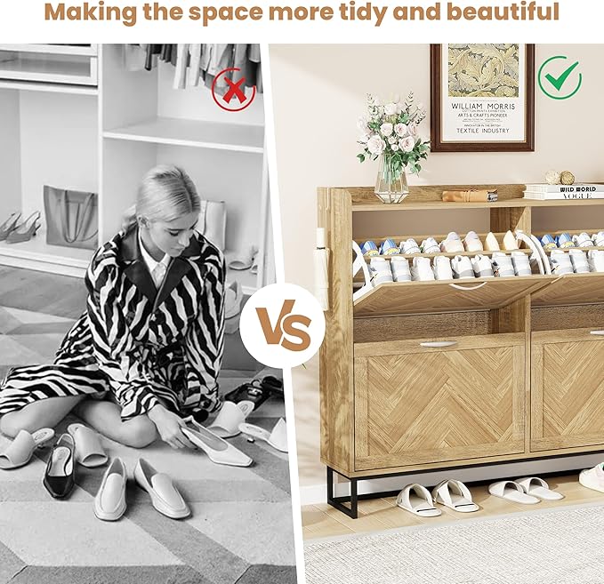 47.2" Shoe Cabinet Storage for Entryway, Narrow Wood Shoe Organizer with 4 Flip Drawers & Adjustable Shelves,Freestanding Hidden Shoe Storage Organizer with Hooks for Entryway, Foyer, Hallway, Oak