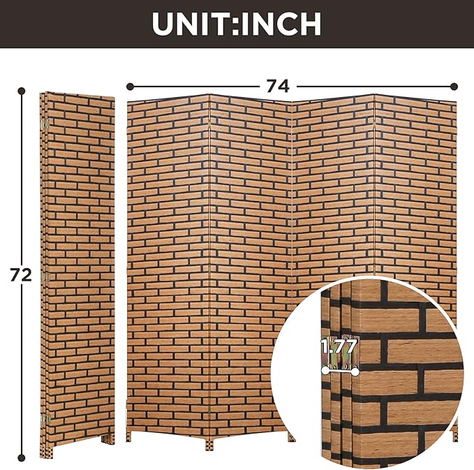 Room Divider Wood Screen 4 Panel Wood Mesh Woven Design Room Screen Divider Folding Portable Partition Screen Screen Wood for Home Office (Brick)