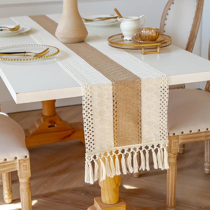 EMMTEEY Boho Table Runner with Tassels- Scratch & Heat Resistant, 108 Inches Long Table Runner Cotton Linen Macrame Handmade for Dining Table/Wedding Décor (12"X108", Cream Brown)