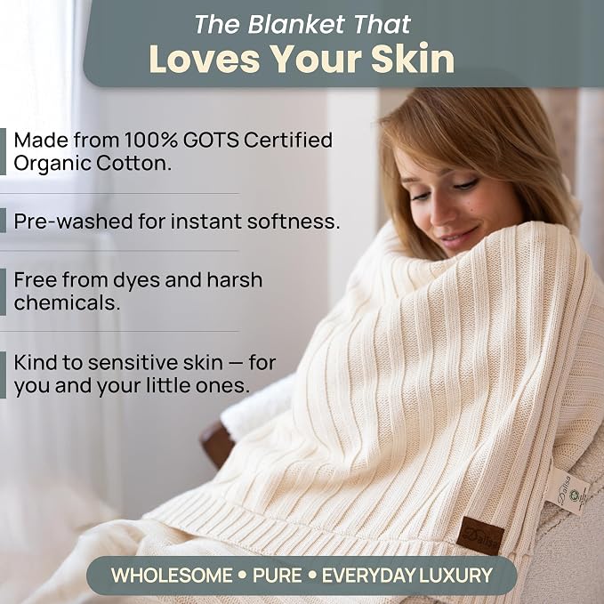 100% Organic Cotton Knit Blanket Denise -Soft and Lightweight, Breathable All-Season Throw for Bed, Sofa, or Lounge Area -GOTS Certified-Perfect for Home and Bedroom Styling (Earth Ivory, 50x60)