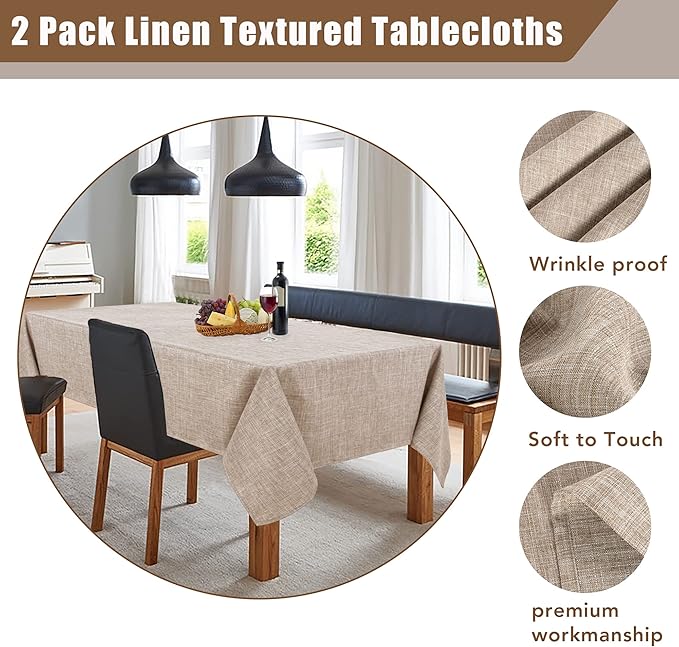 Fitable Linen Textured Tablecloths 2 Pack, Faux Burlap Rectangle Table Clothes for 8 Foot Tables, Rustic Table Covers for Dining, Baby Shower, Party, Banquet, Farmhouse (Nature, 54 x 120 Inch)