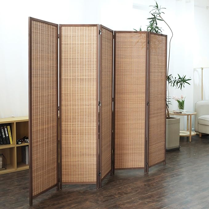 Furnnylane 5 Panel Bamboo Room Divider - 5.6 ft Tall Folding Privacy Screen for Room Separation, Natural Brown Freestanding Partition Wall for Home Office (67" H x 76.75" W)