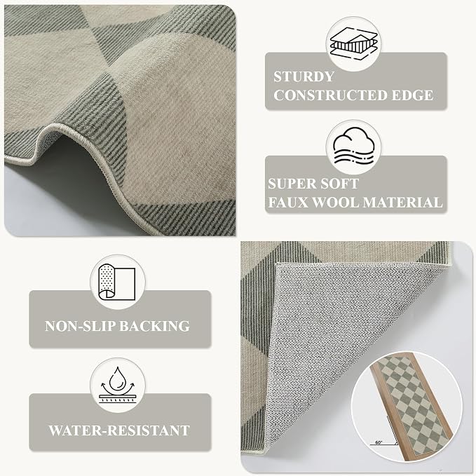 Beeiva Checkered Print Rug Runners for Hallways 2.5x10, Green Kitchen Runner Rugs Non Skid Washable Ultra Thin Faux Wool Long Carpet for Hallway, Checkerboard Neutral Floor Carpet for Kitchen Decor