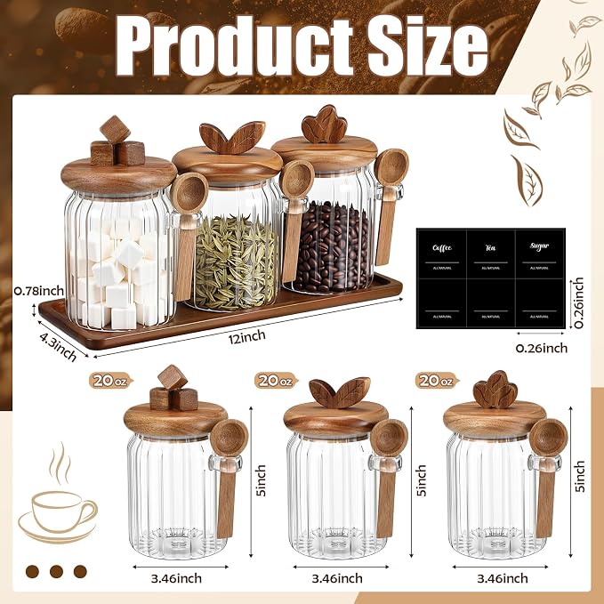 Suclain 3 Pcs Glass Coffee Container with Acacia Wood Lid & Spoon, 20.3 oz Airtight Glass Jar with Wooden Shelf, Food Storage Containers Coffee Jar Tea Container(Acacia Color)