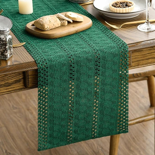 Artoid Mode Dark Green Farmhouse Woven Rustic Hollow Table Runner, Seasonal Holiday Hollow Kitchen Dining Table Decoration for Home Party Decor 12x48 Inch