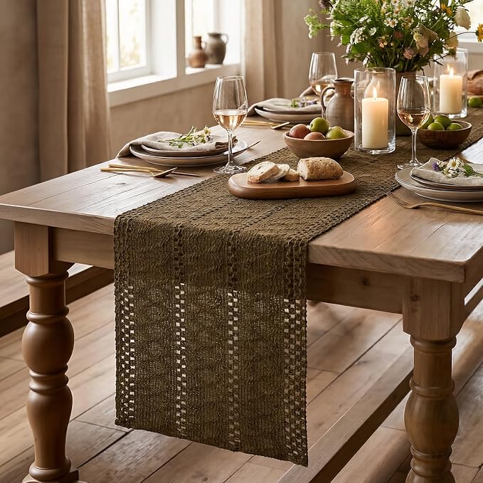 Artoid Mode Light Coffee Farmhouse Woven Rustic Hollow Table Runner, Seasonal Holiday Hollow Kitchen Dining Table Decoration for Home Party Decor 12x60 Inch