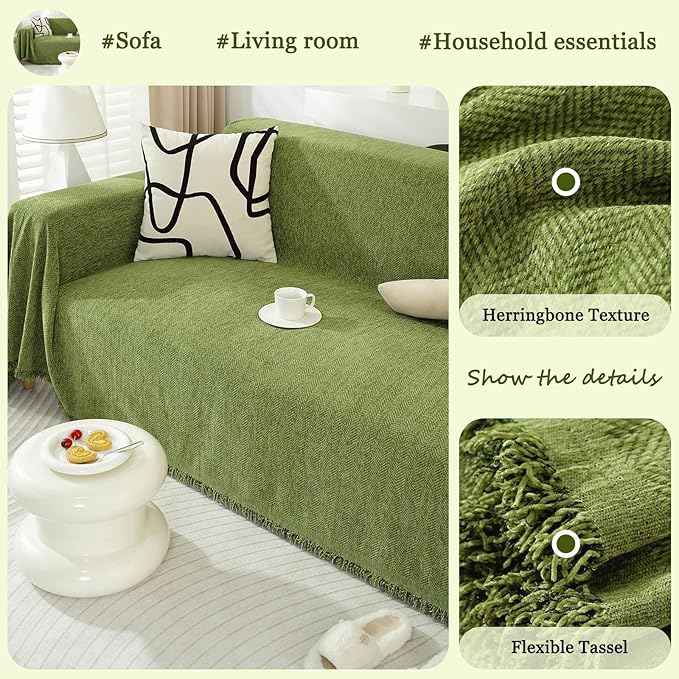 DREAMINGO Sofa Covers Washable Chenille Couch Cover Blanket Modern Style Living Room Sectional Couch Covers Herringbone Jacquard Sofa Cover for 3 Cushion Couch, Green, XX-Large 71"x150"