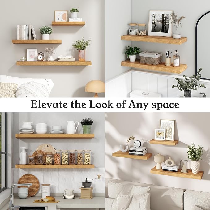 Floating Shelves for Wall, 9.3" Deep Wall Mounted Wood Shelves for Bathroom, Bedroom, Living Room, Kitchen, Hanging Shelf for Books/Storage/Room Decor (Oak, 36")