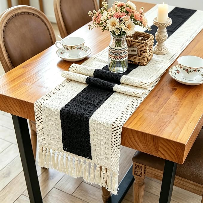 Boho Table Runner for Home Decor with Tassels 72 Inches Long , Farmhouse Rustic Black Table Runners for Bohemian Kitchen Dining Table(12x72in)