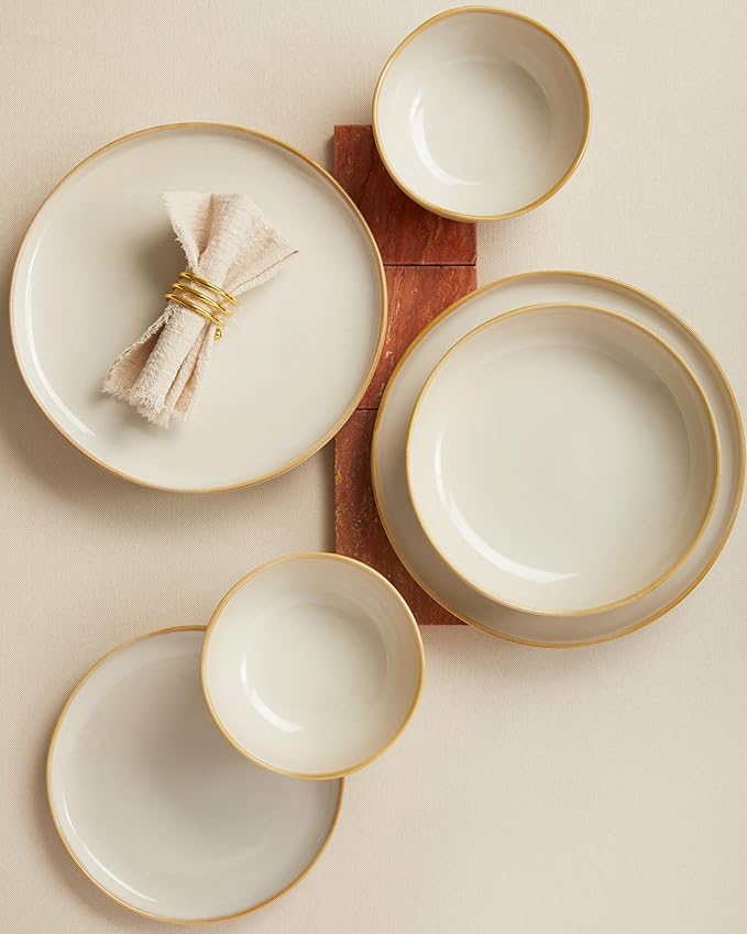 Pokini Large Holiday Dinnerware Sets for 8, Ceramic Plates and Bowls Set, Kitchen Dish Set, Microwave & Dishwasher Safe Dishware, Perfect for Christmas & Thanksgiving, Yellow White