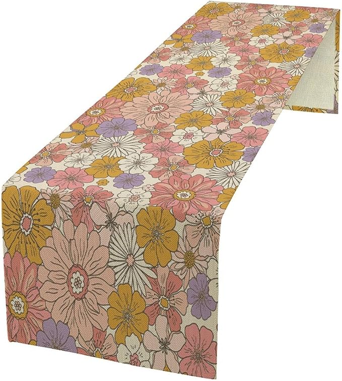 Vintage Floral Table Runner Boho 70s Style Retro Flower Hippie Groovy Funny Pattern Dinner Runner for Home Kitchen Dining Table Party Decor 13"x70"