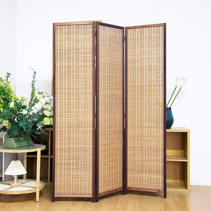 3 Panel Bamboo Room Divider Screen,5.6 FT Tall Bamboo Divider Folding Panel Screen,Freestanding Panel Divider for Room Seperation,Brown