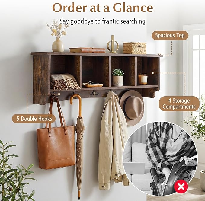Giantex Wall Mounted Coat Rack, 28.5'' Wooden Floating Shelf with 4 Cubbies & 5 Double Hooks, Modern Space-Saving Storage Display Organizer for Entryway, Hallway, Mudroom (Rustic Brown)