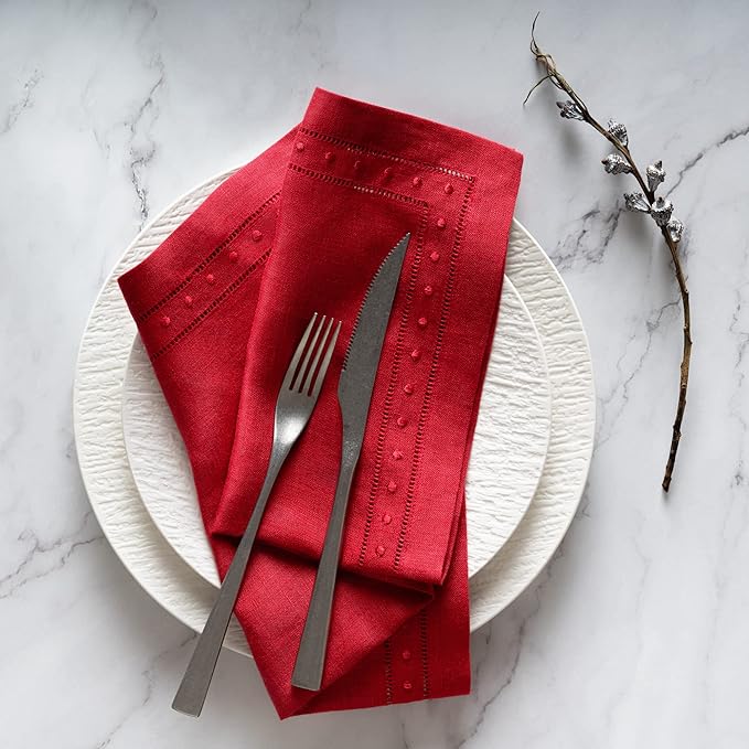 Linen Napkins Set of 4-100% Pure Linen Red Embroidered Dinner Napkins - Hemstitch Cloth Napkins Washable for Christmas and Winter Decor