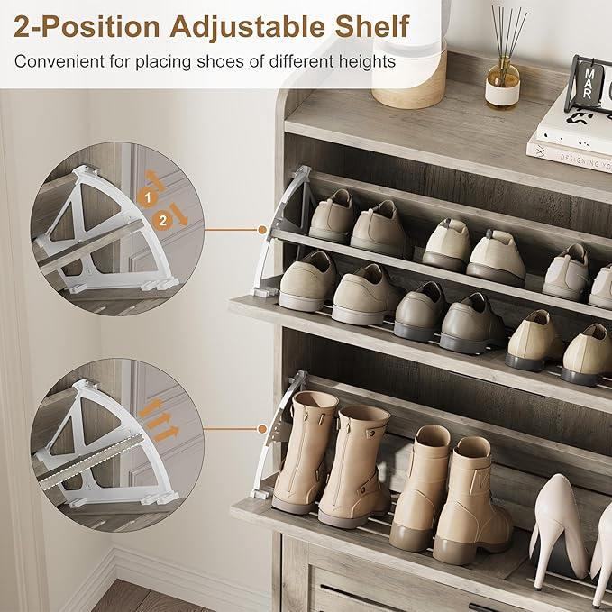 Garvee Shoe Storage Cabinet with 3 Flip Drawers, Freestanding Shoe Organizer Storage for Entryway with 2 Side Hooks, Farmhouse Hidden Slim Narrow Shoe Rack Cabinet, Gray