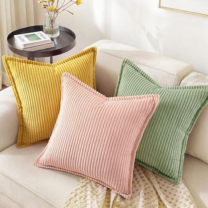 decorUhome Summer Corduroy Sage Green Euro Sham Throw Pillow Covers 24x24 Set of 2 Decorative Soft Boho Farmhouse Couch Pillow Covers for Living Room Bed Sofa Broadside Striped Pillow Cases