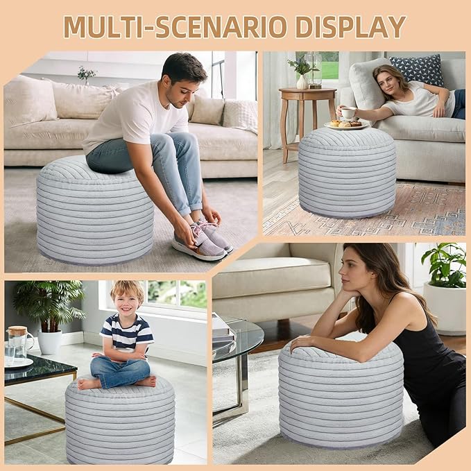 Round Stuffed Pouf Ottoman Foot Rest for Couch Round Ottoman with Foam Chunk Filling Stripe Faux Fur Ottomans for Living Room Floor (26"x18",Light Grey)