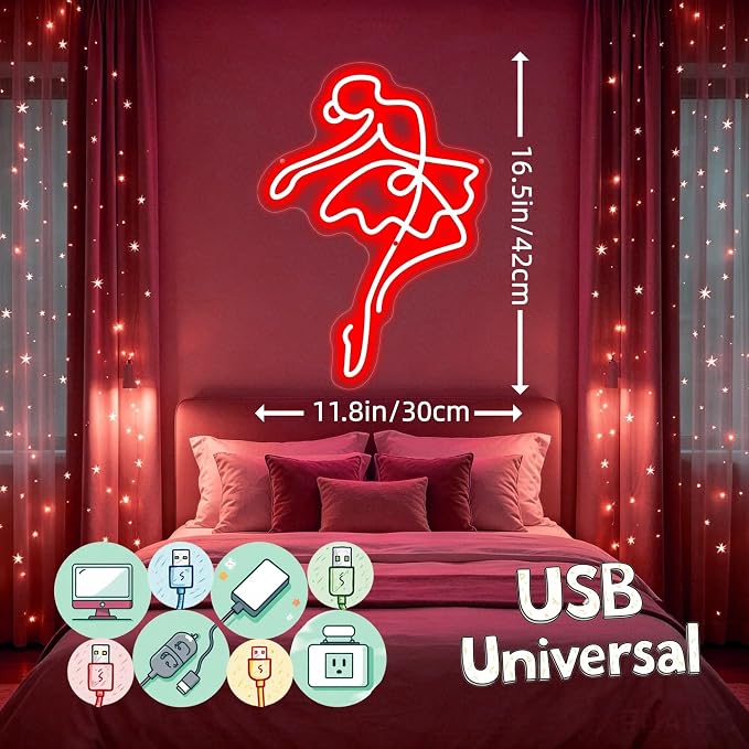 Ballerina Neon Sign, Personalized Ballet Dancer Gifts, USB Powered Light For Dance Studio, Aesthetic Pink Wall Art, Gymnastics Room, Salon, Beauty Spa Decor, Feminist Gift Girl Power Light-16.5" x 11.8"