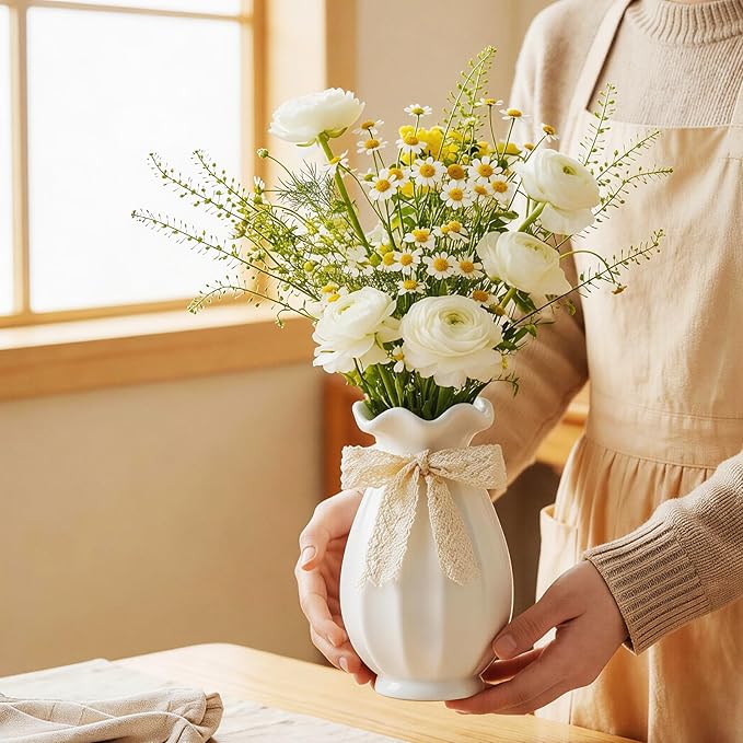 White Ceramic Vase with Ribbon, Flower Vase for Home Decor, Decorative Vases for Bouquet, Modern Farmhouse Centerpiece for Table, Living Room, Wedding Gift