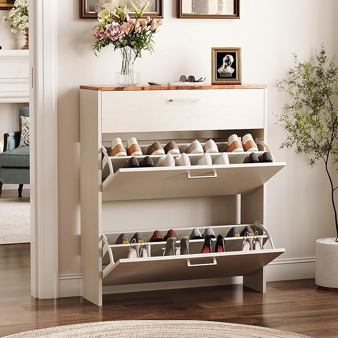 VINGLI Set of 2 Rustic White Shoe Cabinet for Entryway, 2-Pack 31.5" W Extra Wide Slim Shoe Organizer with Vintage Brown Top, Modern Farmhouse Wood Shoes Rack, Narrow Freestanding Cabinet for Hallway
