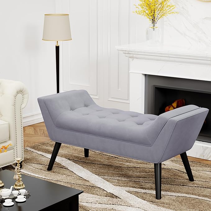 Alunaune Velvet Tufted Ottoman Bed Bench for Bedroom End of Bed Bench, Upholstered Entryway Bench Storage Ottoman Footstools with Wood Legs-2 Seater, Light Gray