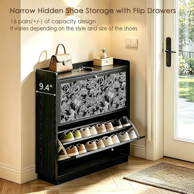 Shoe Storage Cabinet for Entryway with 2 Flip Drawers, Slim Black Shoe Cabinet, Narrow Hidden Wooden Shoe Organizer with Floral Fabric-Inlaid Doors for Hallway, Foyer