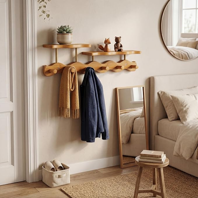 Wave-Shaped Bamboo Coat Rack Wall Mount with Shelves - Modern Decorative Wall Hooks for Entryway, Bathroom & Bedroom,Eco-Friendly Organic Wood Wall Mounted Rack for Hanging Coats, Bags, Keys 6 Hooks