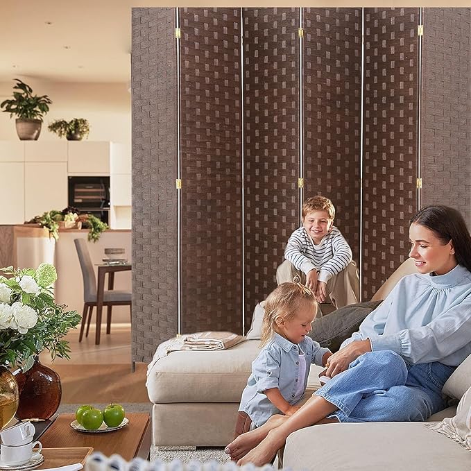 Room Divider, 6FT Wall Divider Wood Screen 6 Panels Wood Mesh Hand-Woven Design Room Screen Divider Indoor Folding Portable Partition,Brown
