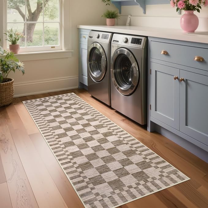 GarveeHome 2×10 Kitchen Runner Rug Non Slip,Brown Checkered Rug,Washable Runner Rug for Hallway Soft Low-Pile Geometric Checkerboard Rugs for Entryway Kitchen Dining Room