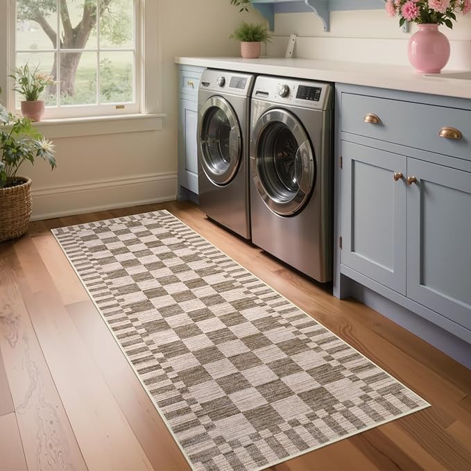 GarveeHome 2×12 Kitchen Runner Rug Non Slip,Brown Checkered Rug,Washable Runner Rug for Hallway Soft Low-Pile Geometric Checkerboard Rugs for Entryway Kitchen Dining Room