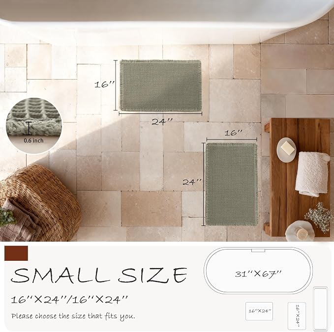 DWCN Olive Green Waffle Bathroom Mat Set, Super Absorbent Non Slip Bath Rug Set for Bathroom Floor, Shower Mats 2 Pcs for Tub, Washable Kitchen Rugs for Farmhouse Boho Home Decor, 24 x 16 Inch