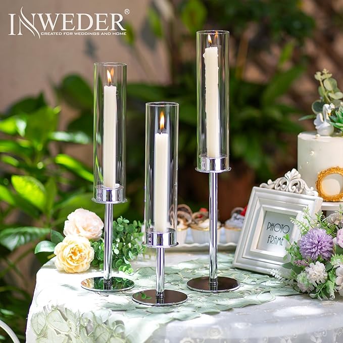 Hurricane Taper Candle Holders: Silver Glass Candlestick Holder Tall Candle Sticks Holder Decor with Glass Cover for Wedding Table Centerpiece Party Birthday Christmas Home Mantel Set of 3