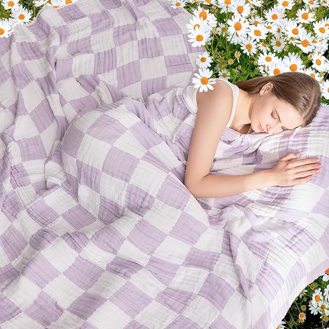 EMME Cooling Muslin Twin XL Blanket - Checkered Lightweight Summer Cotton Blankets of Rayon Derived from Bamboo for Hot Sleepers, Soft Breathable All Season Gauze