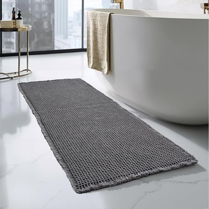 KGORGE Waffle Bathroom Rug, Large Super Absorbent Non Slip Washable Bathroom Rugs Decor, Boho Quick Dry Rubber Backed Bath Mat for Shower Toilet Hallway Hotel, Grey, 24" W X 72" L 1pc