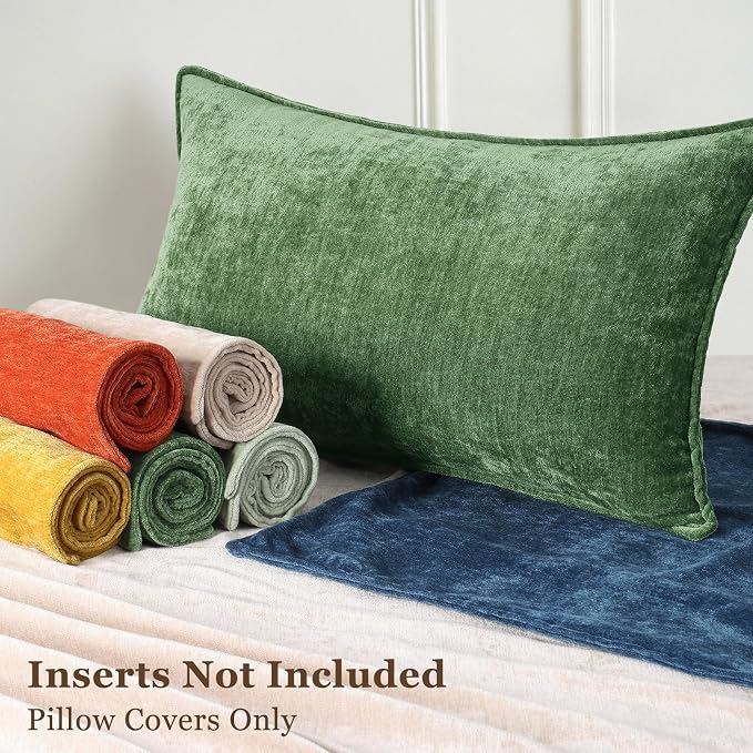 decorUhome Summer Couch Throw Pillow Covers 20x20 Set of 2, Decorative Soft Velvet Modern Cozy Chenille Pillow Cases with Elegant Design for Sofa Bed Living Room Home Decor, Moss Green