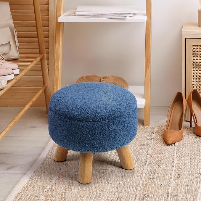 OGEMXU Ottoman Foot Rest, Small Round Ottoman with Storage, Boucle Teddy Velvet Footstool with Wood Legs, Soft Sponge Storage Ottoman for Living Room, Bedroom, Couch, Enterway (Dark Blue)