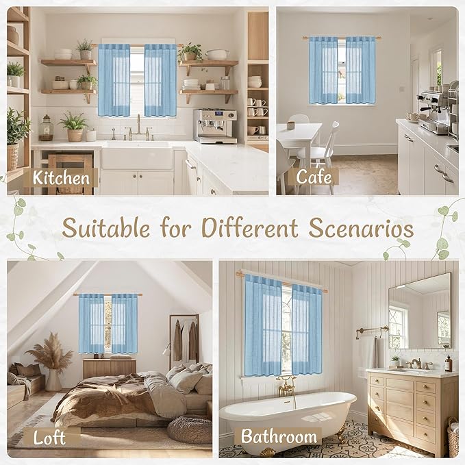 LAMIT Short Linen Window Curtains 45 Inch Length 2 Panels, Blue Semi Sheer Light Filtering Panels Back Tab and Rod Pocket Neutral Linen Weave Drapes for Basement/Window/Loft Room, 34 x 45 Inch