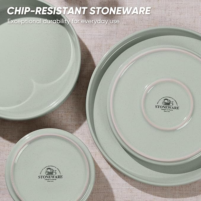 E-far Dinnerware Sets with Pasta Bowls, 24-Piece Stoneware Plates and Bowls Sets for 6 | Microwave & Dishwasher Safe Kitchen Modern Dish Set, Speckled Green