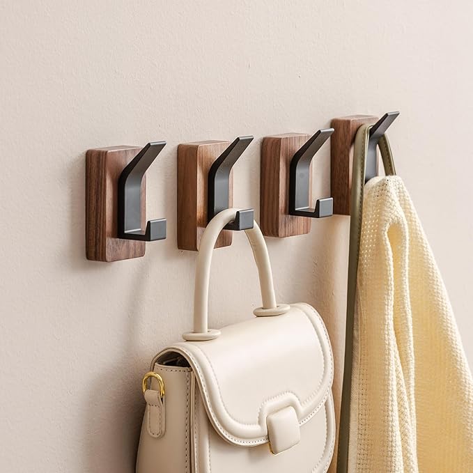 4-Pack Wood Wall Hooks - Wall Mounted or Adhesive Coat Rack for Entryway, Mudroom, Bathroom - Farmhouse Decorative Hangers for Towels, Hats, Keys, Purses, Bags, and Robes