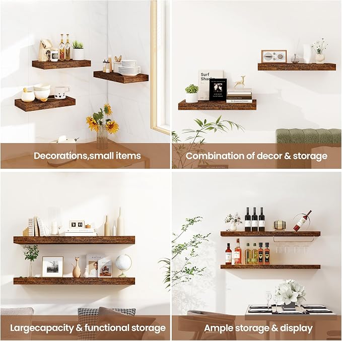 Vivelove Floating Shelves for Wall Mounted, 32 Inches Long Shelves, Display Shelf for Bathroom Living Room Kitchen Bedroom Office Farmhouse Home Decor, 32" X 9.3" X 1.5" - Set of 2, Rustic Brown