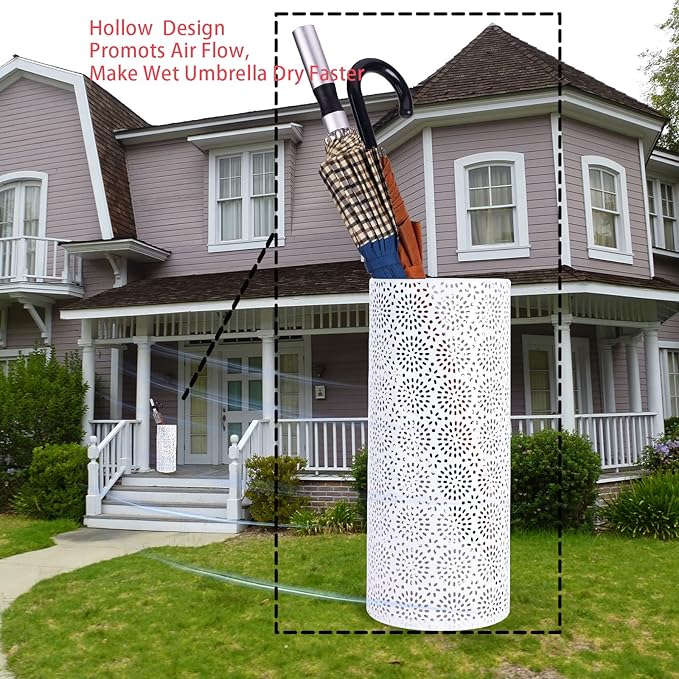 BEWBBAT Umbrella Stand Rack for Entryway, Free Standing Metal Umbrella Holder, Round Umbrella Organizer Bin with 3 Hooks for Long Short Umbrella, Walk Stick, Home Office Indoor, 17 x 7 Inch, White