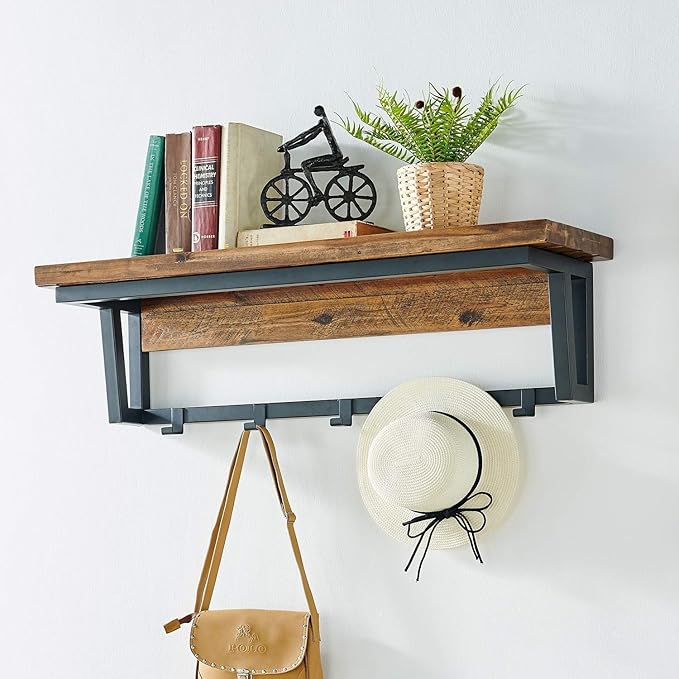 Claremont 40 in. L Rustic Wood Coat Hook with Shelf - 5 Hanging Hooks, Wood Shelf, 75 lb Capacity, Industrial Farmhouse, for Home Storage - 36x14x13.8 Inches