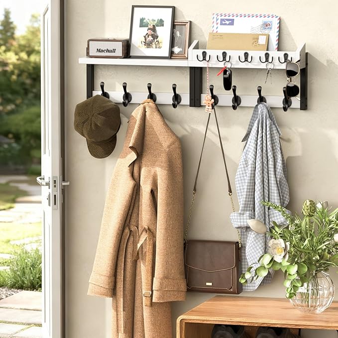 35'' White Coat Rack Wall Mount with Shelf, Solid Wood Coat and Key Hanger with 13 Metal Hooks, Farmhouse Wall Organizer for Mail, Entryway Wall Hangers for Hats, Clothes, Backpacks, Mudroom