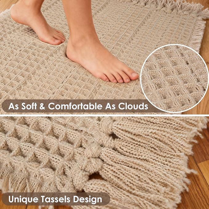 Waffle Bath Mat, Super Absorbent Waffle Bathroom Rug with Tassels, Non Slip Bath Mats for Bathroom Floor, Ultra Soft Boho Bath Mat, Quick Dry Shower Mat, Machine Washable, 24"×36", Khaki